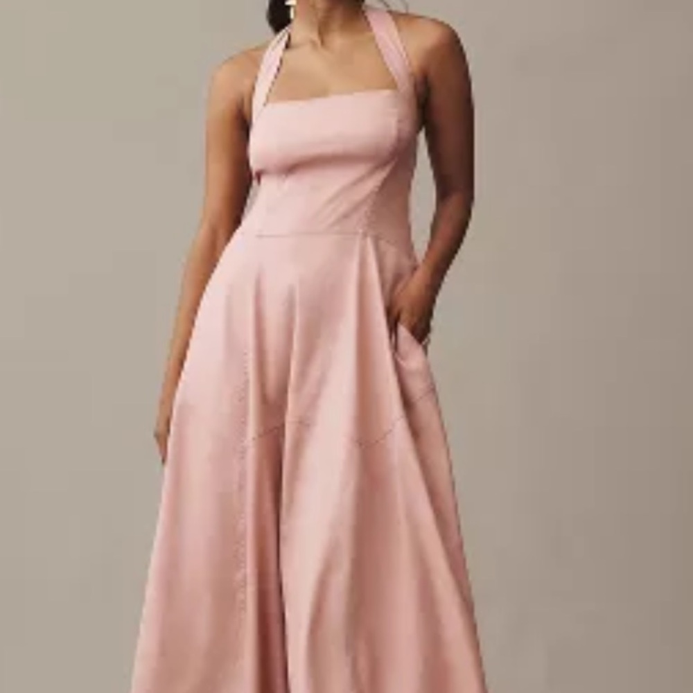 Blush colored backless midi dress with pockets